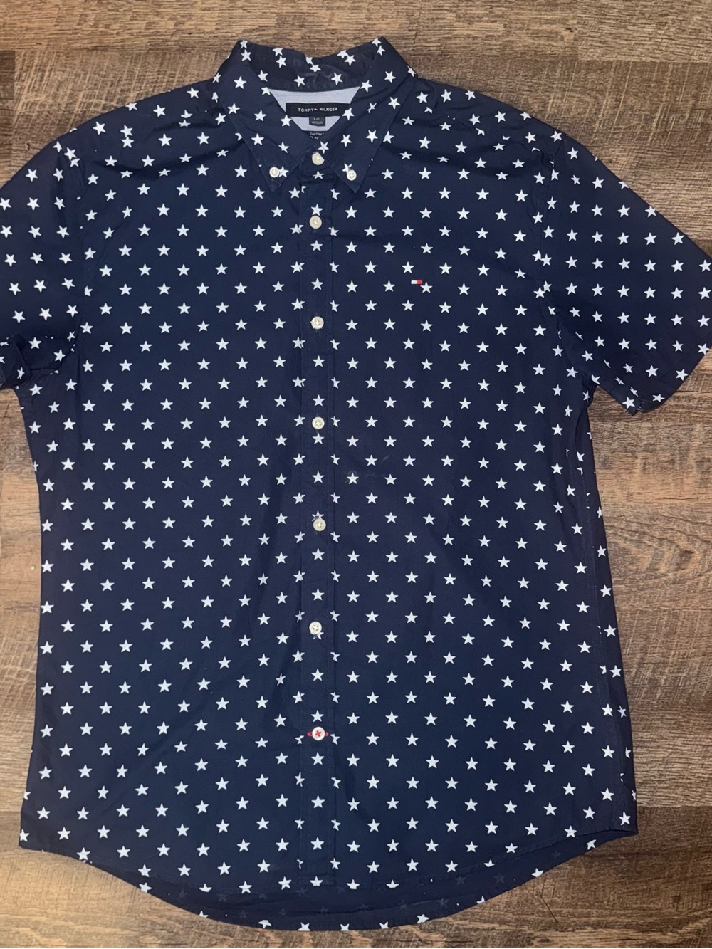 Tommy Hilfiger Navy Star-Print Short Sleeve Button-Down Shirt Men’s Size Large